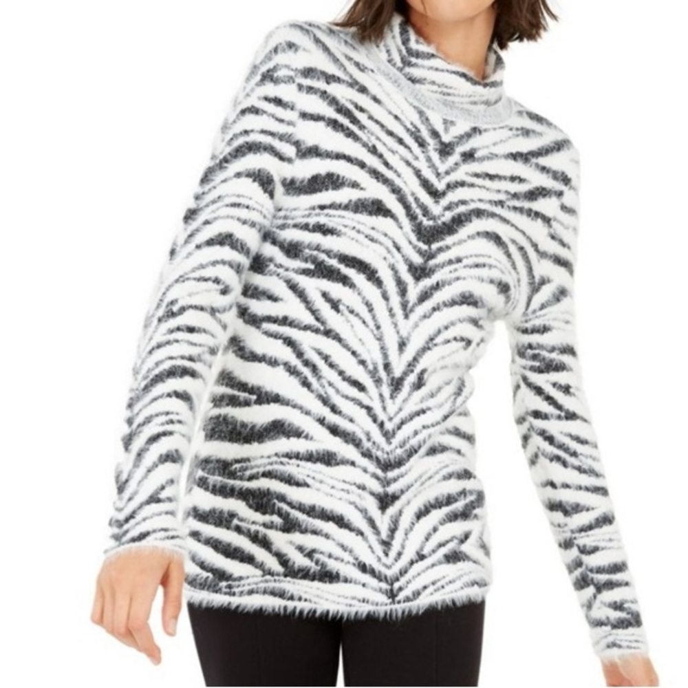 INC International Concepts SWEATER turtle neck zebra animal print eyelash knit